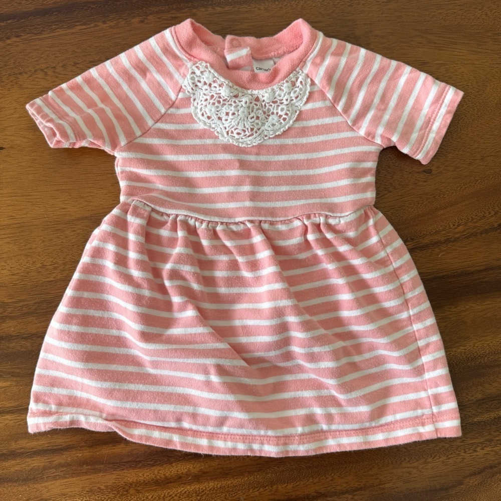 Carter’s Pink Striped Baby Girl Dress Lace Collar Accent 100% Cotton Size 18M